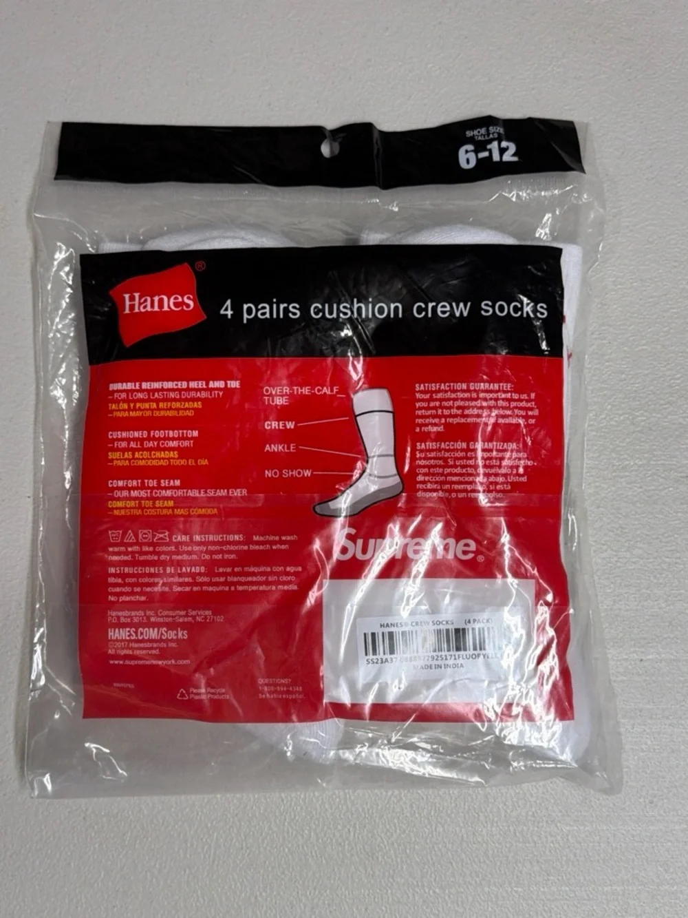 Supreme x Hanes White Crew Socks with Red Logo - 4 Pairs